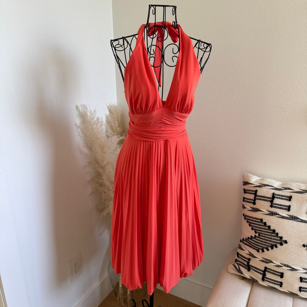 Vintage Cache Coral Pleated Halter Bubble Hem Cocktail Dress Size 2